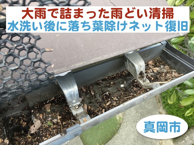真岡市　大雨で詰まった雨どい清掃｜水洗い後に落ち葉除けネット復旧