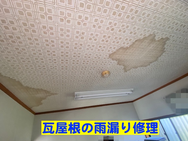 室内天井に広がった濃い雨染み