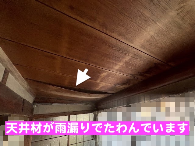 結城市　縁側天井の雨漏りを調査　雨漏りでたるんだ天井材の写真