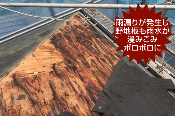 雨漏りで野地板がボロボロに腐った写真