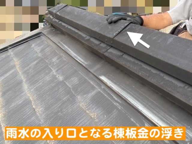 真岡市　築30年の天窓からの雨漏り調査　棟板金の浮きの写真