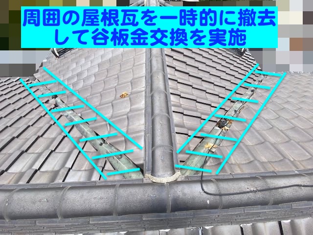 下野市　和瓦屋根で雨漏り　調査した谷板金の写真