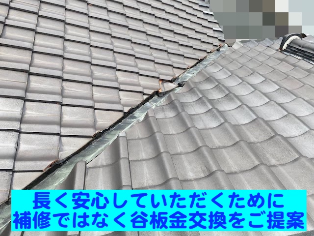 下野市　和瓦屋根で雨漏り　調査した谷板金の写真