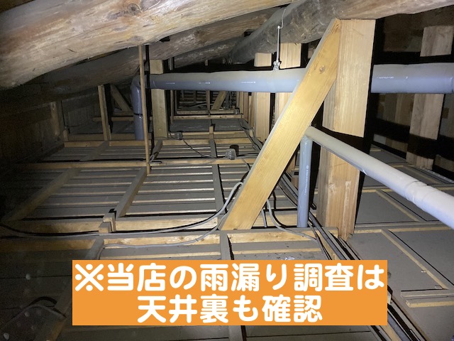 雨漏り調査は天井裏も確認し雨水の浸入口を特定