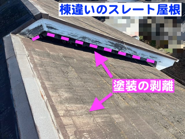 野木町　屋根と軒天の点検　塗膜が剥離した屋根と破風板の写真