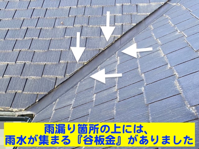古河市 スレート屋根の雨漏り調査　原因と思われる谷板金の写真