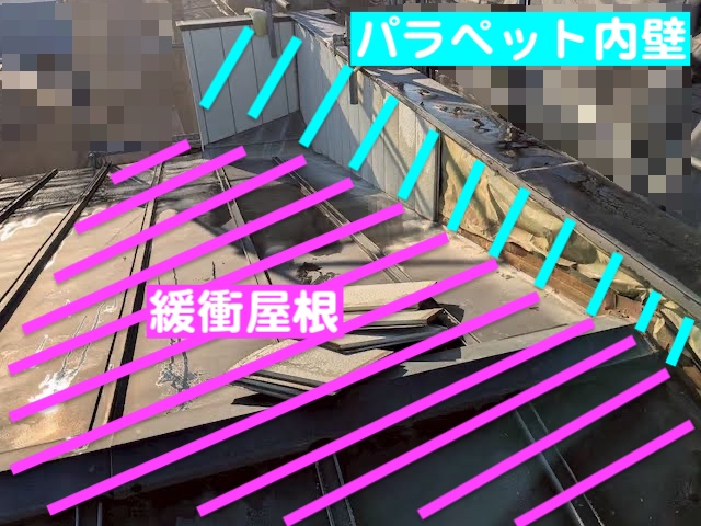 パラペット内壁と緩衝する屋根を下地から補修