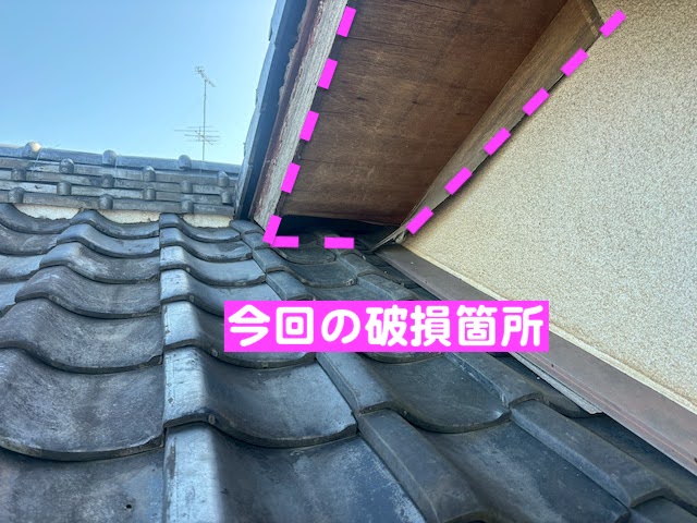 結城市　軒天の穴あき破損を調査　傷んだ軒天材の写真