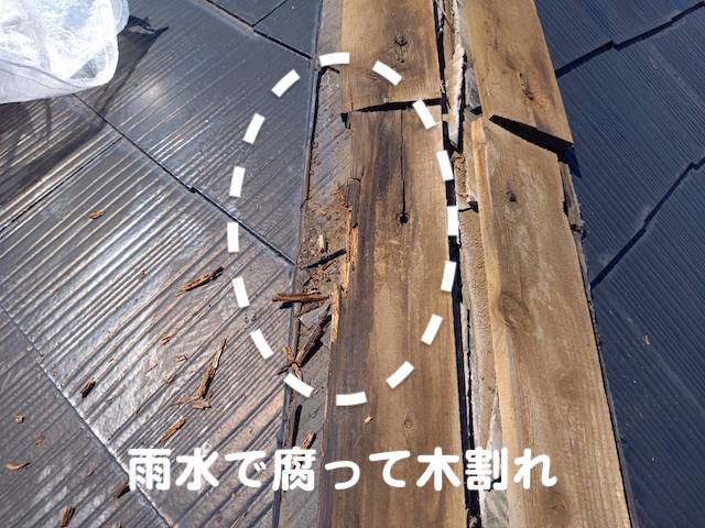 真岡市　塗装前の棟板金交換　雨水で腐った木製貫板の写真