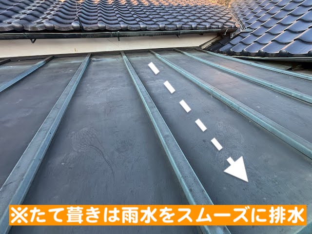 結城市　縁側天井の雨漏りを調査　たて葺き銅板屋根の写真