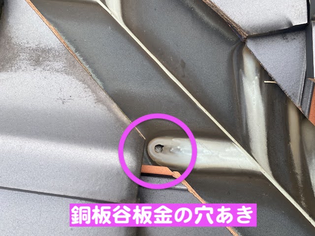栃木市　雨漏りした天井上の屋根を確認　谷板金の穴あき写真