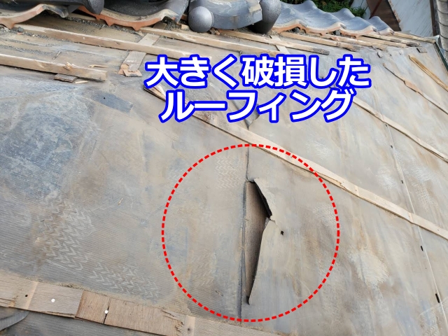 小山市　瓦屋根の雨漏り修理｜原因であるルーフィングの破損画像を紹介