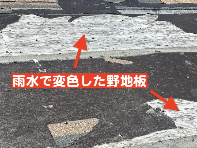 栃木市　強風によりアスファルトシングル飛散　変色した野地板の写真