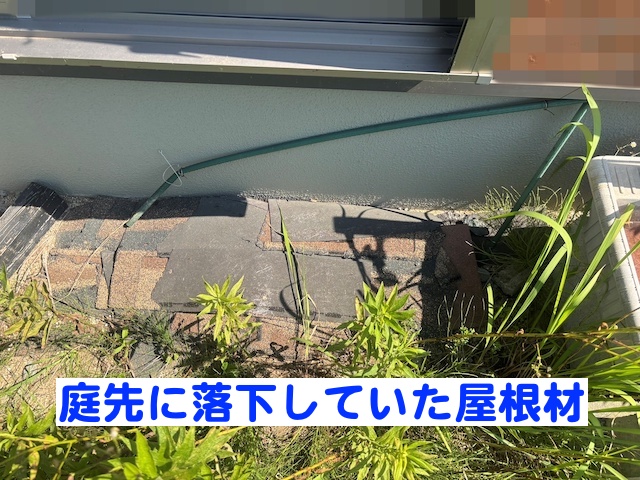 強風で飛ばされ庭差に落下したアスファルトシングル