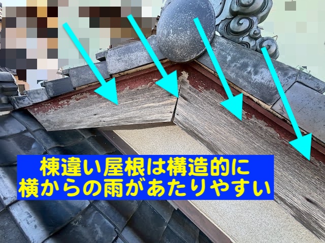 結城市　軒天の穴あき破損を調査　雨が当たりやすい棟違い屋根解説用の写真