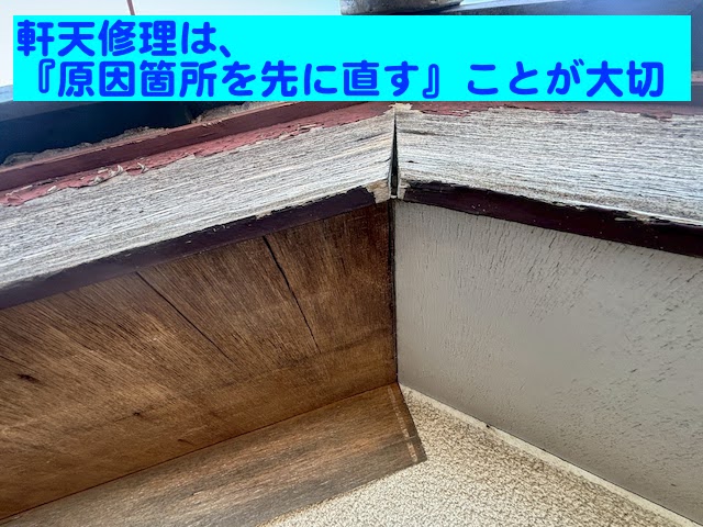 結城市　軒天の穴あき破損を調査　傷んだ軒天材の写真