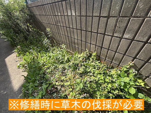 ブロック塀と基礎部分の修繕には草木の伐採が必要