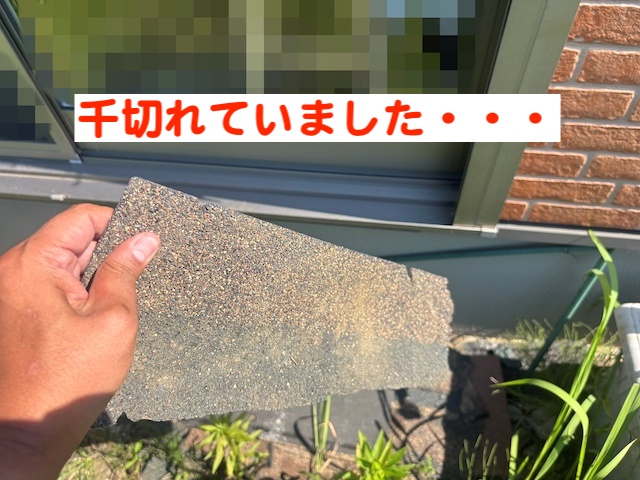 栃木市　強風によりアスファルトシングル飛散　庭に落下した屋根材の写真