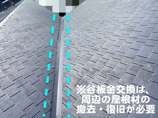 古河市 スレート屋根の雨漏り調査　原因と思われる谷板金の写真