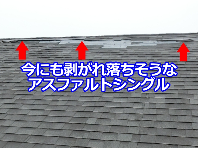 今にも剥がれ落ちそうなアスファルトシングル。このまま放置するとさらなるにつながる可能性があります
