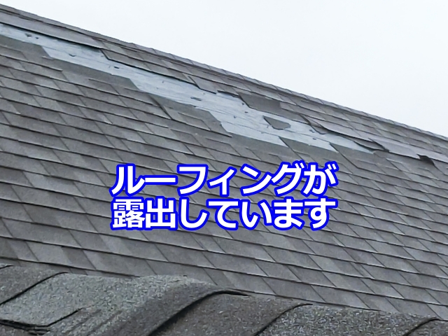 屋根材が剥がれ、防水シートが露出している状態です