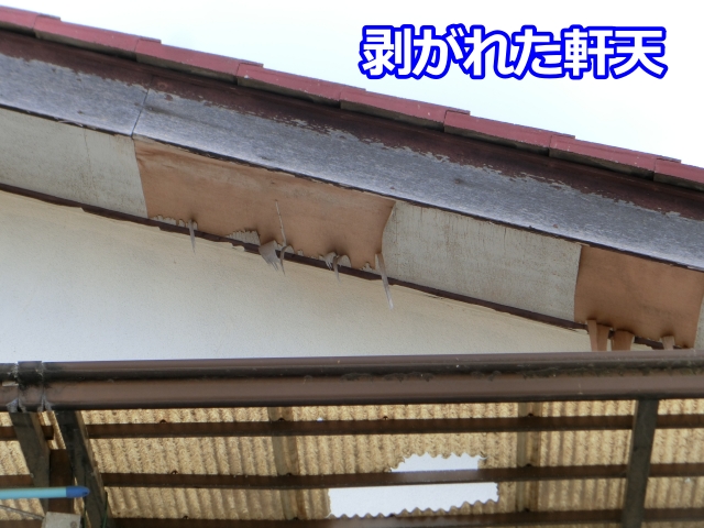 化粧板が剥がれて合板が剥き出しの軒天