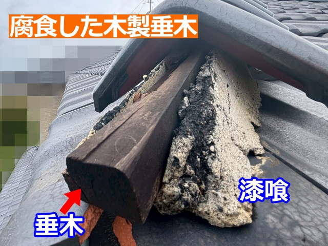 剣先瓦が外れた部分から見える木製垂木・下地が腐食しています