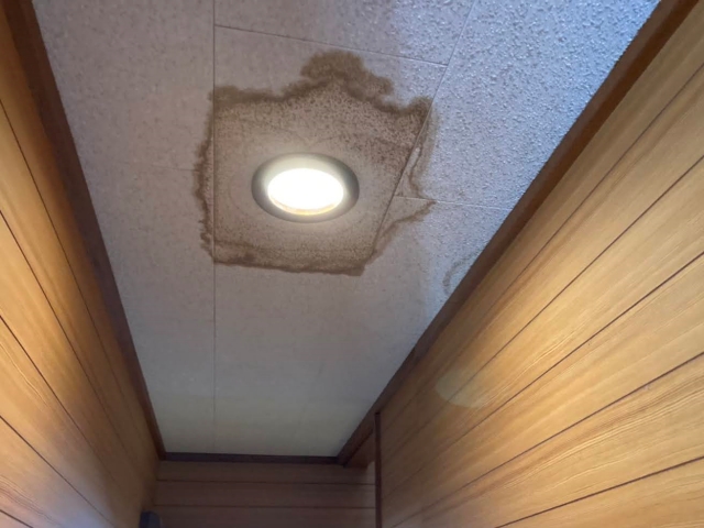 廊下天井には長年にわたる雨漏りの濃い染みが…