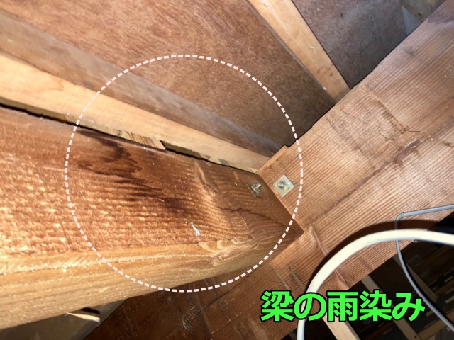 天井裏の梁に雨染みが見られます