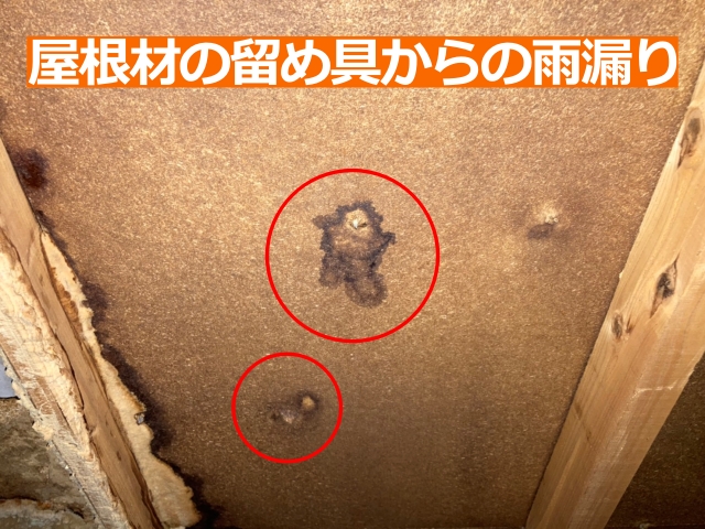 スレート屋根材の留め具からの雨漏り