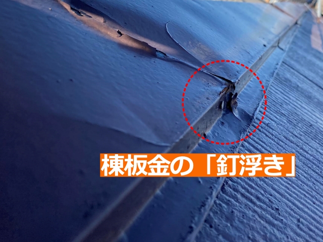 棟板金を固定している釘が緩んで抜けかかっています