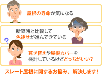 屋根の寿命が気になる、新築時と比較して色褪せが進んできている、葺き替えや屋根カバーを検討しているけどどっちがいい？など、スレート屋根に関するお悩み、解決します！