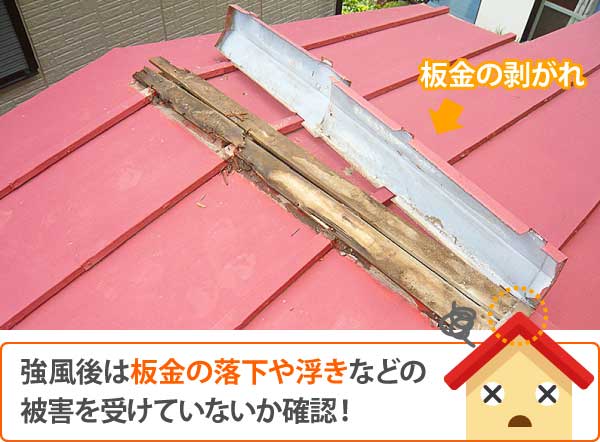 強風後は板金の落下や浮きなどの被害を受けていないか確認！